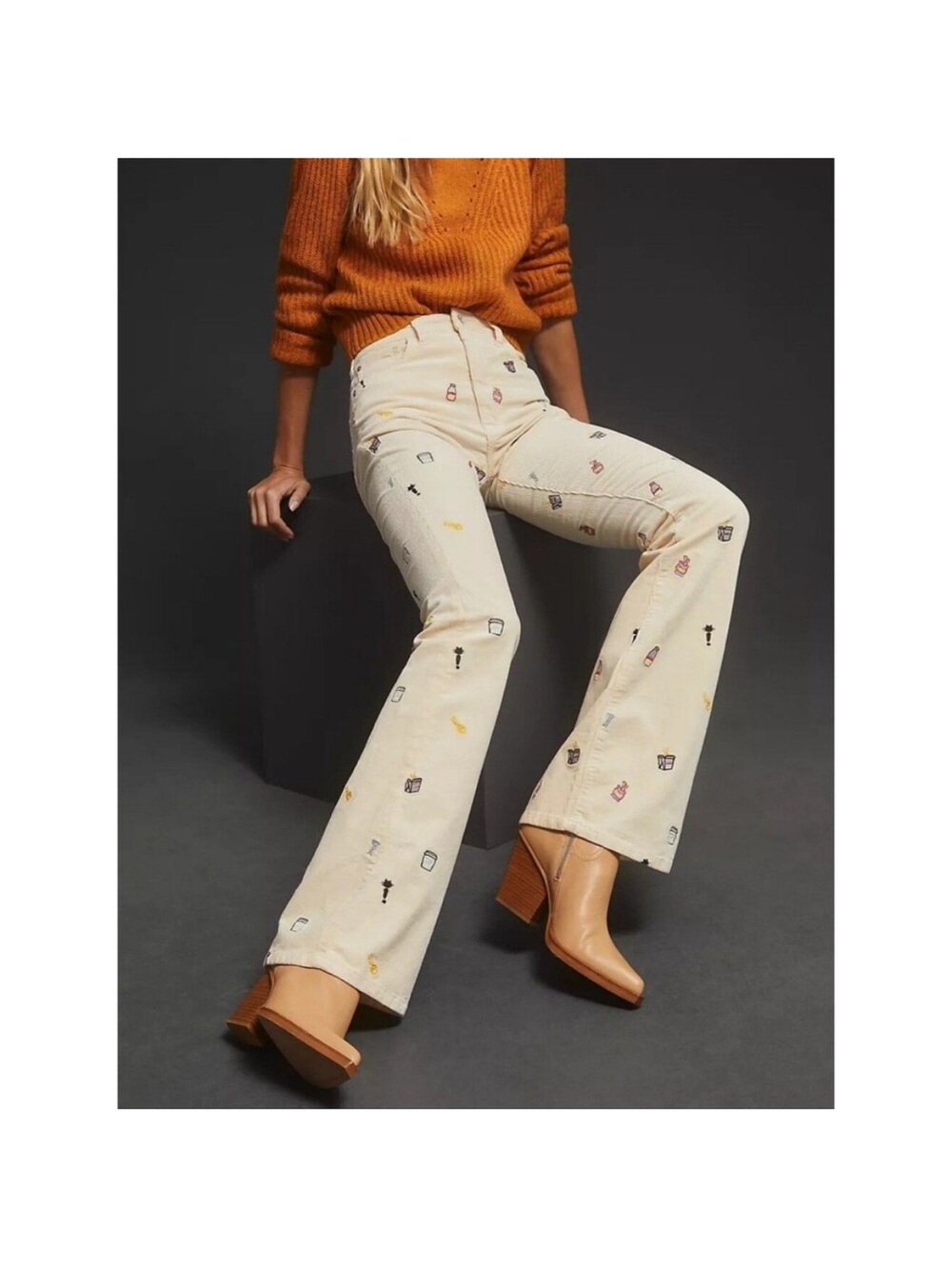 Pilcro x Anthropologie Icon Flare Cream Embroidered Boot Cut Corduroy Pants
